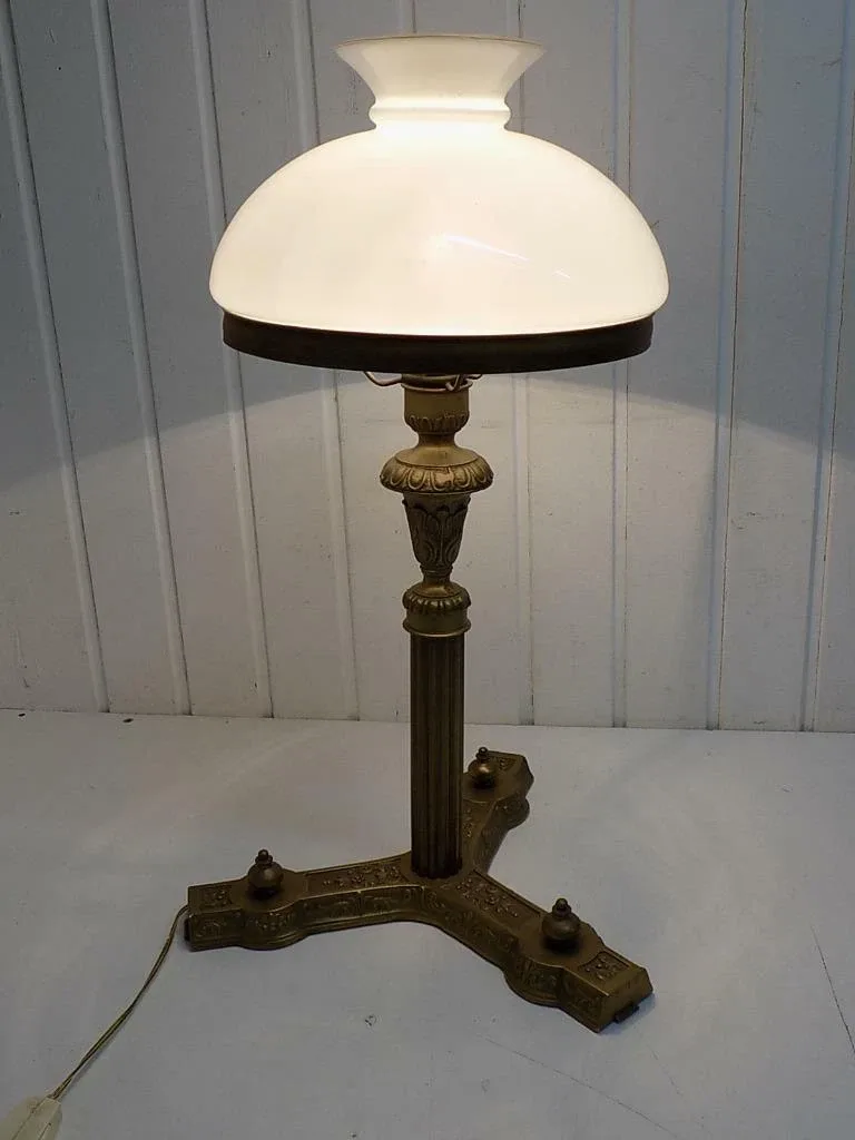 Vintage große Jugendstil Tischlampe Glasschirm Messing floral Verziert 20.Jhd