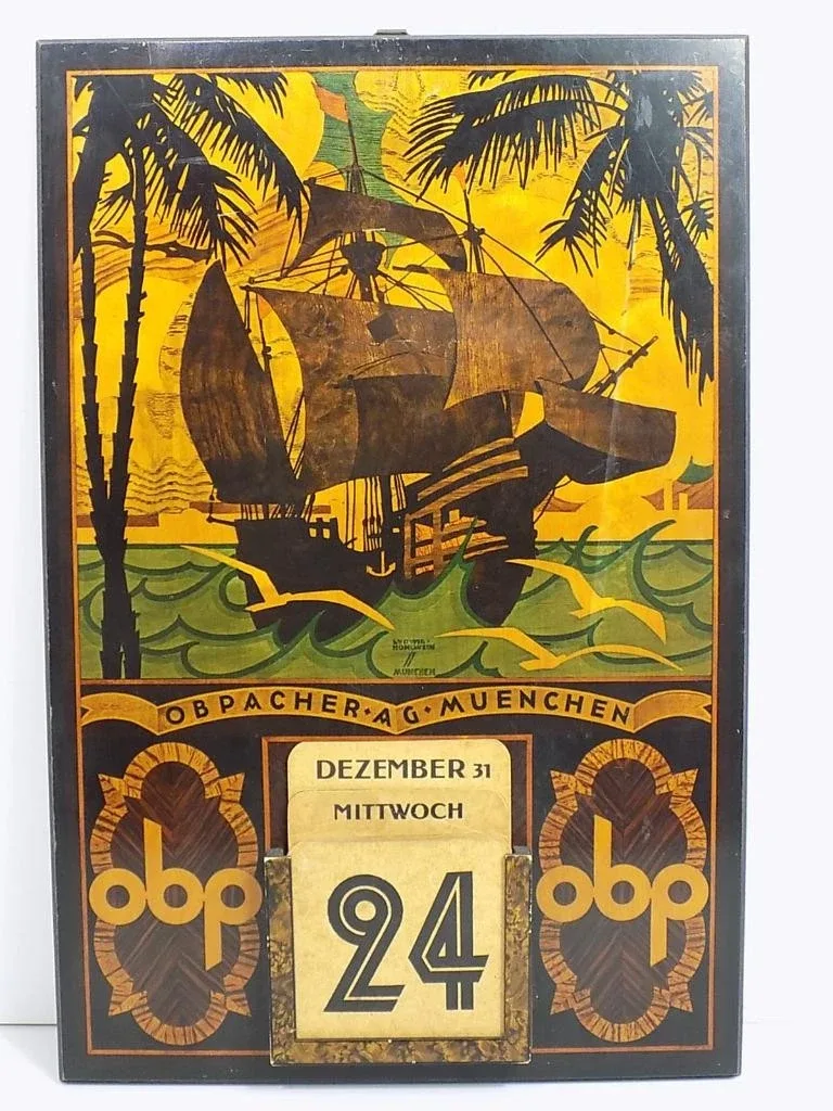 Original Reklameschild Ludwig Hohlwein Dauerkalender Obpacher AG München Holz