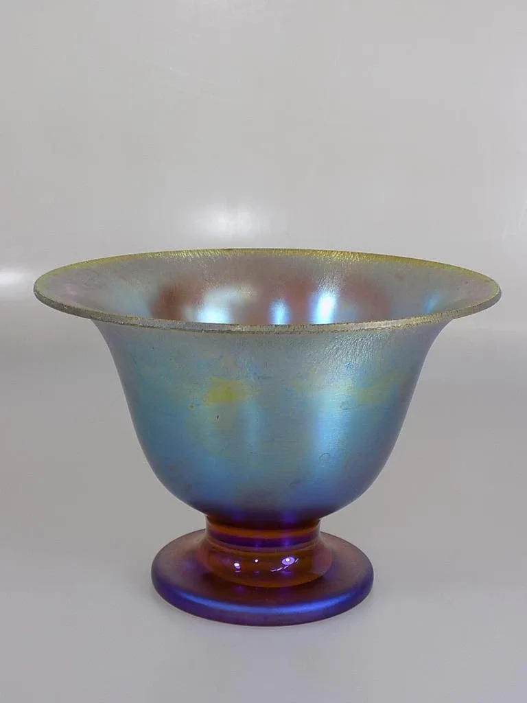 Schöne Bauhaus Art Deco WMF Myra Glas Vase Irisierend Gelb Blau 20.Jhd