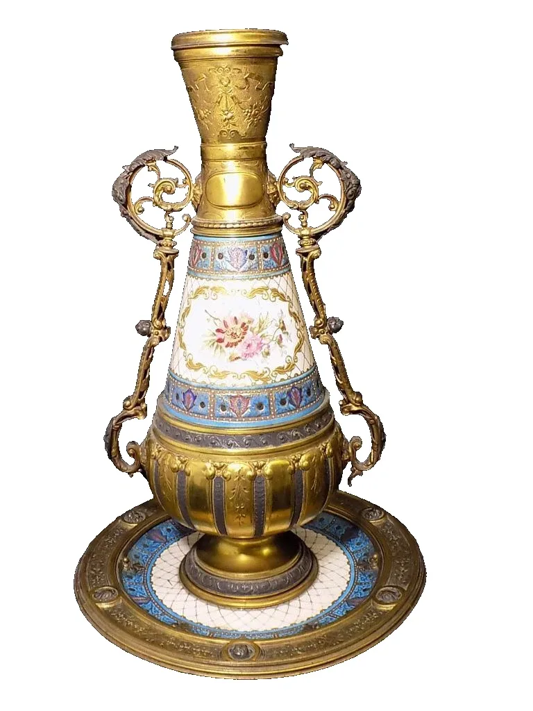 Jugendstil Prunkgefäß Schale Emaille Franz Anton Mehlem Messing Bronze um 1880