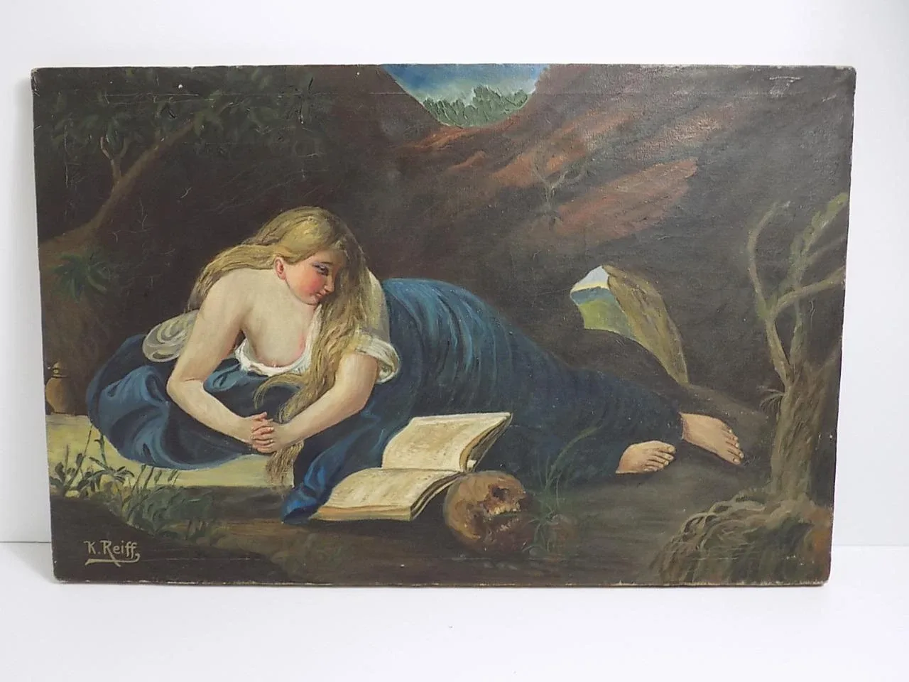 Biedermeier Ölgemälde Lesender Weiblicher Halbakt Sign.K.REIFF ohne Rahmen 19.JH