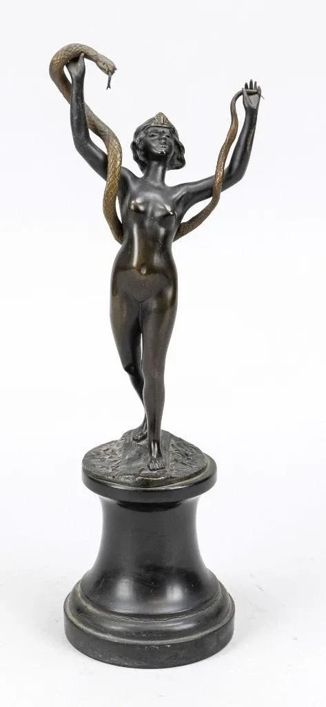 Art Nouveau Bronze Akt Nude Schlangentänzerin zweifarbig patiniert Marmorsockel