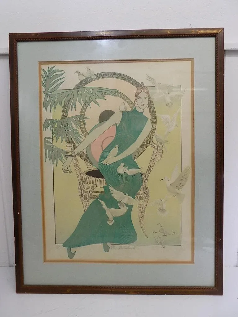 Art Nouveau Gemälde Turquoise Lady Artist by Mr.Banckwell Lithographie 20.Jhd