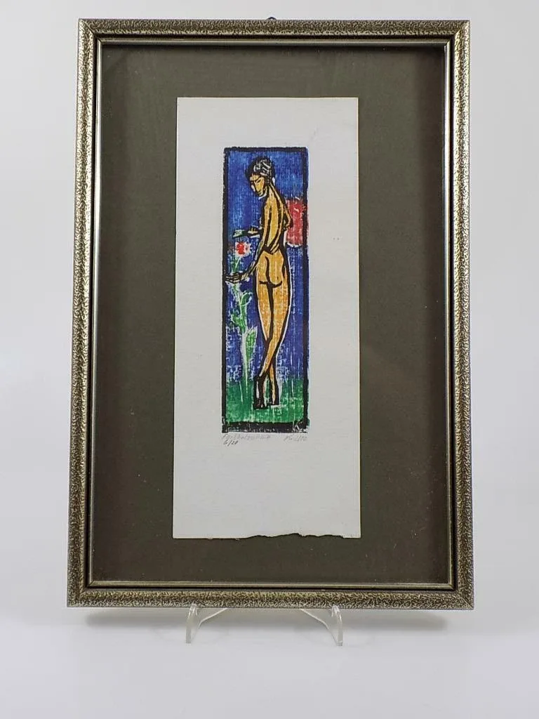 Vintage Aktbild Nude Stehend Kunst Farbholzschnitt H.Kuhnle Holzrahmen 20.Jhd