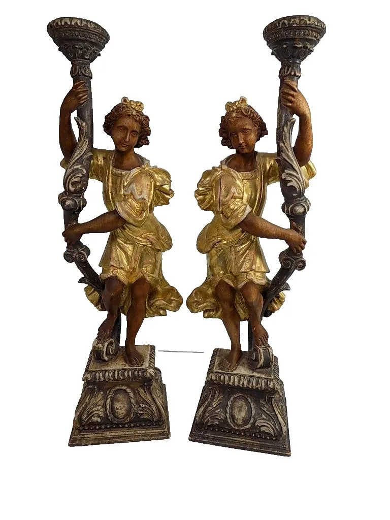 Antikes Paar große Leuchterfiguren Italien Kerze Floral Fassung Holz 20.Jhd