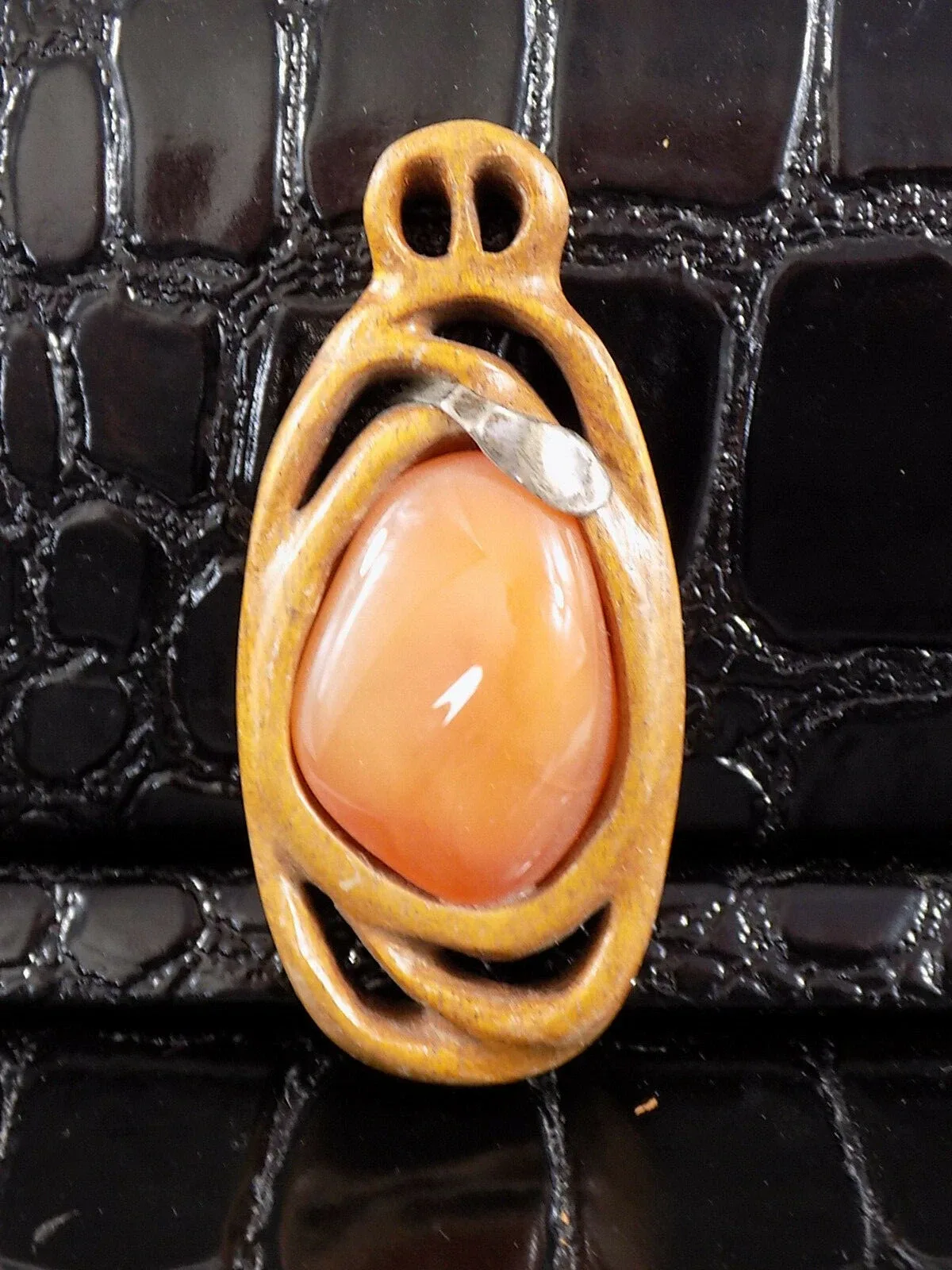 Vintage Designer Damen Holzschmuck Anhänger Edelholz Edelstein Karneol Mode