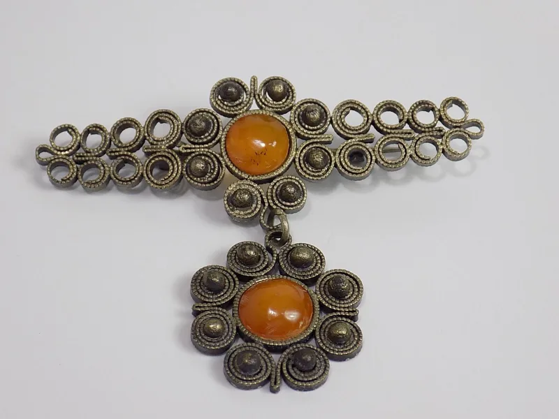 Vintage Jugendstil Charm Brosche Anhänger Versilbert Bernstein Floral 20.JHD