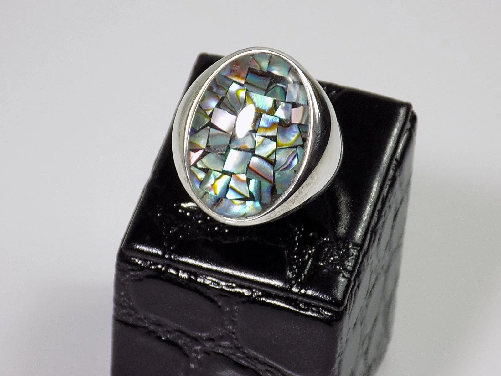 Exclusiver Design Ring Mosaik Abalone Achat Cabochon 925er Silber Designschmuck