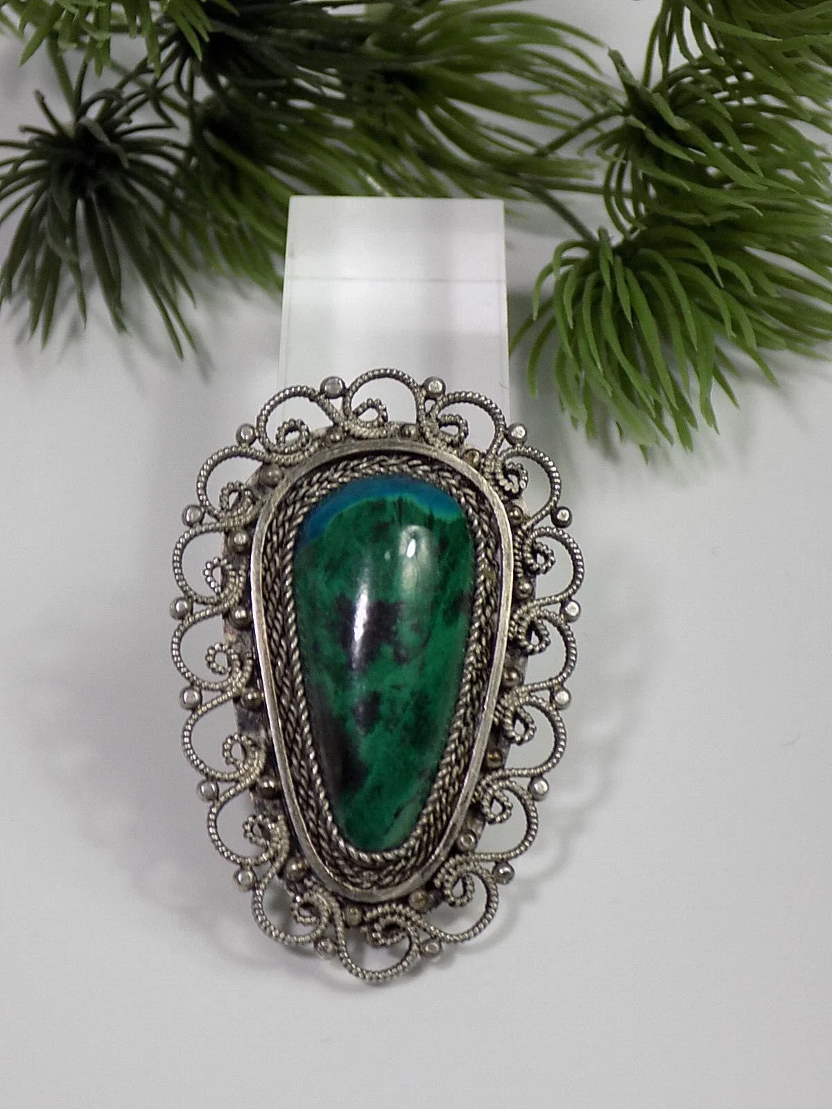 Vintage antike Brosche grüner Achat Stein 925er Silber Floral verziert Anhänger