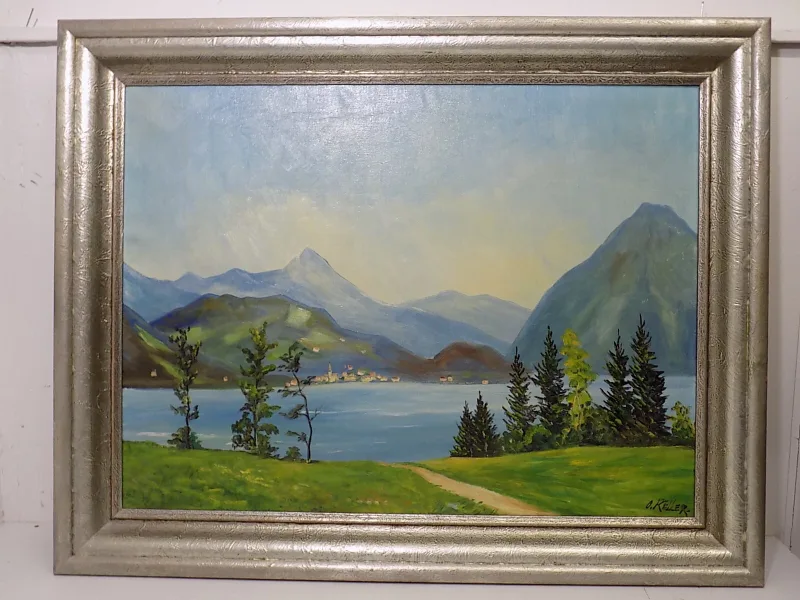RARE GROßES ÖLGEMÄLDE LANSCHAFT DORF SEE ÖLBILD LEINE SIGN. HOLZRAHMEN 20.JHD