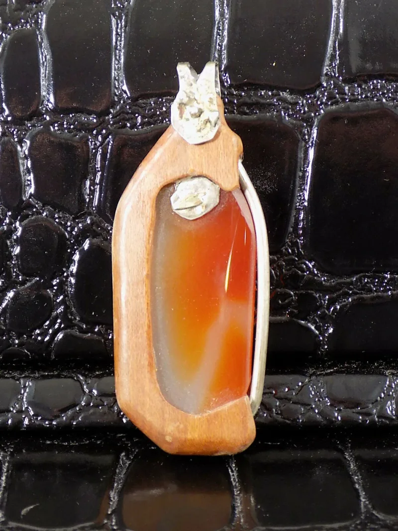 Vintage Designer Damen Holzschmuck Anhänger Edelstein Achat Silber 935er