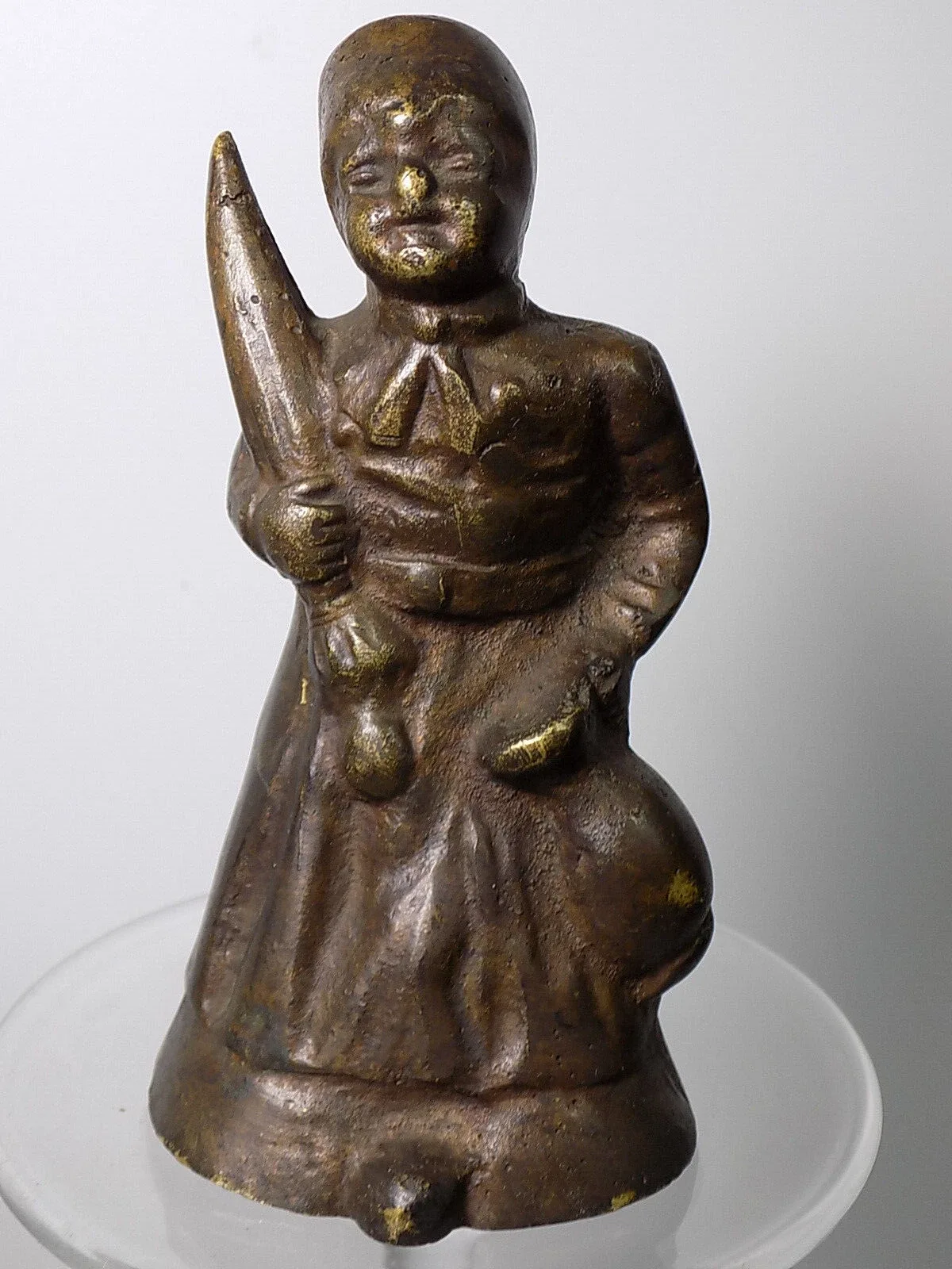 Biedermeier Tischglocke Holländische Frau mit Schirm und Krug Bronze mit Klöppel