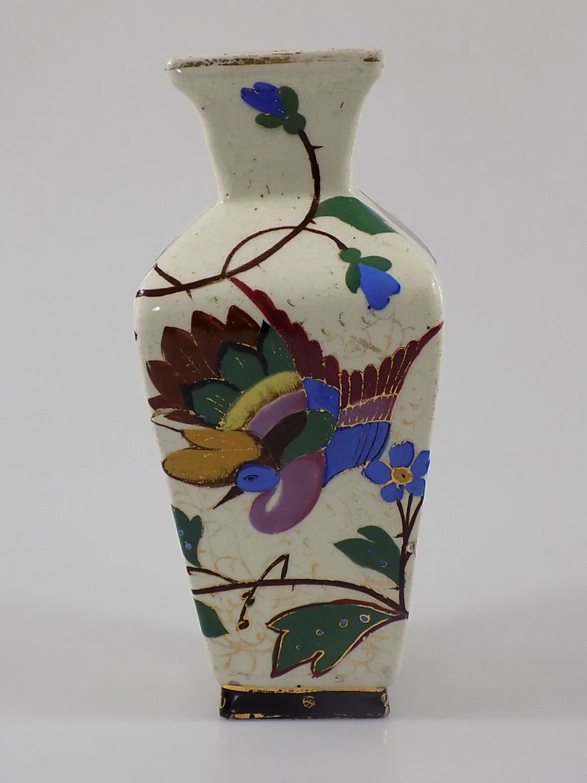 VINTAGE JUGENDSTIL VASE VOGELMOTIV LW WAPPEN KERAMIK FLORAL BUNT 20.JHD