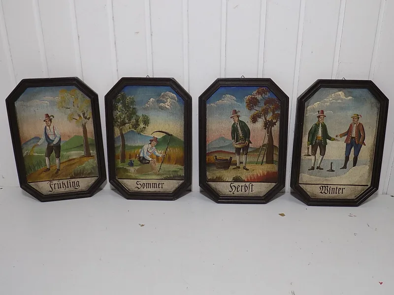 RARE KONVOLUT JAHRESZEITEN BILDER BAUERNZENEN ALPENLÄNDISCH GEMALT VIER STÜCK