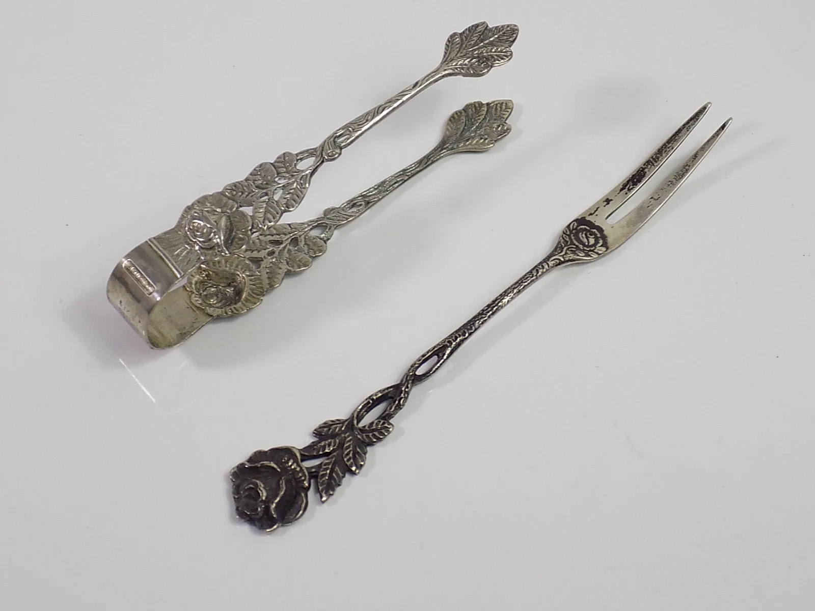 Vintage 2 Teile Hildesheimer Rose Gabel und Gebäckzange Antiko 800er Silber