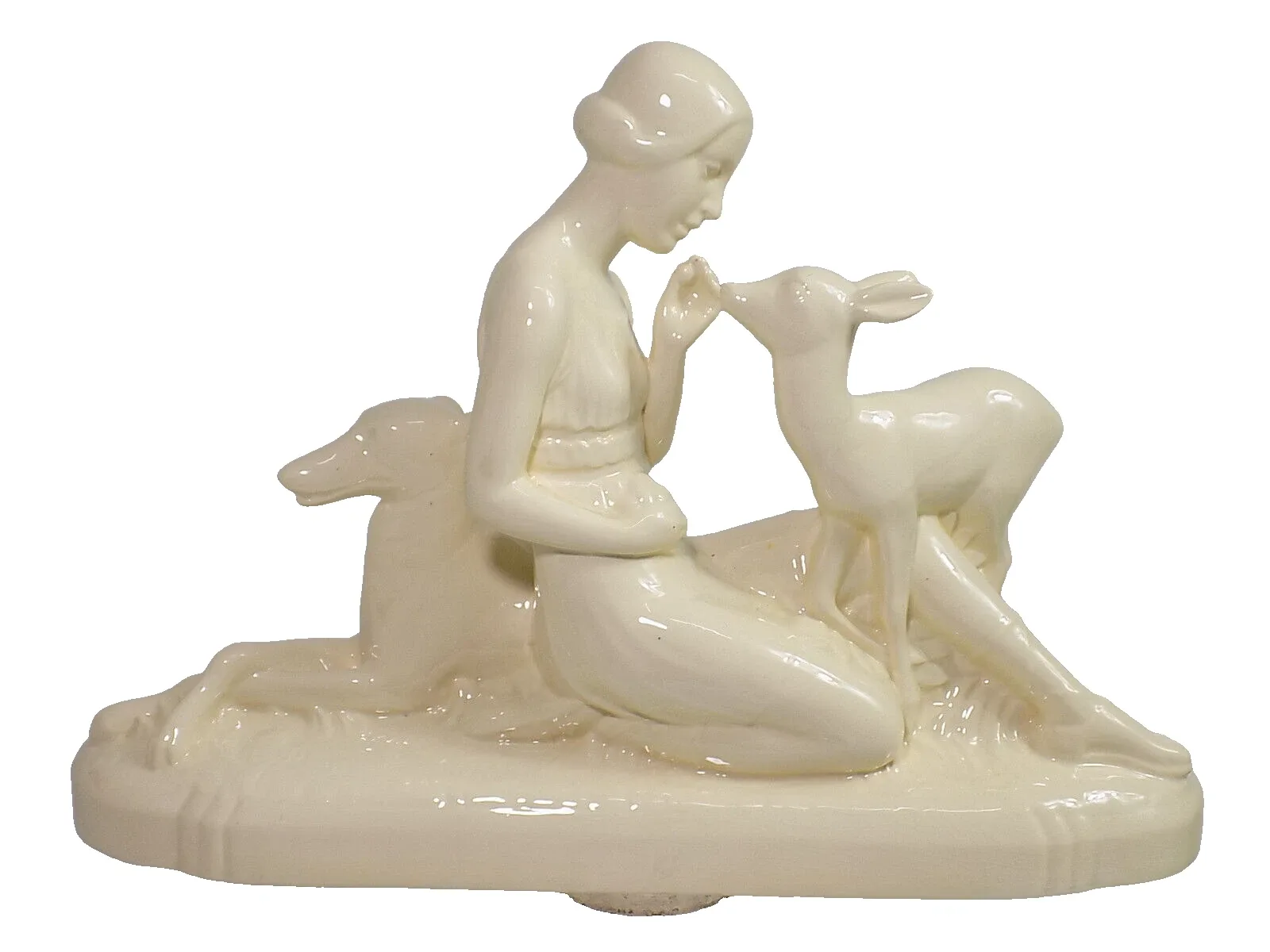 Vintage Große Art Deco Sarreguemines Keramik Figur Mädchen mit Rehkitz Hund 1925