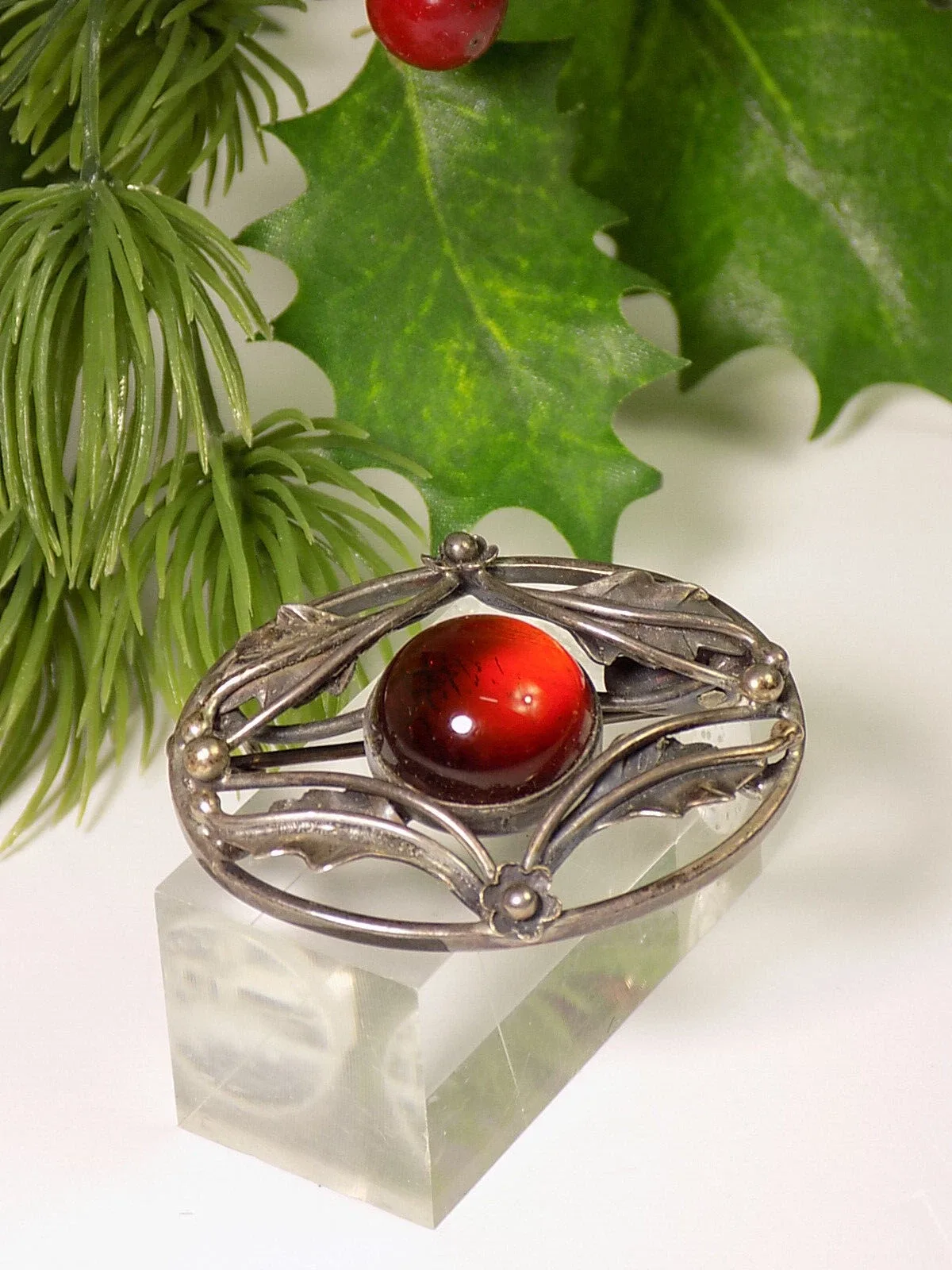 Jugendstil Brosche mit Bernstein 925er Silber Antikschmuck Vintage Anhänger