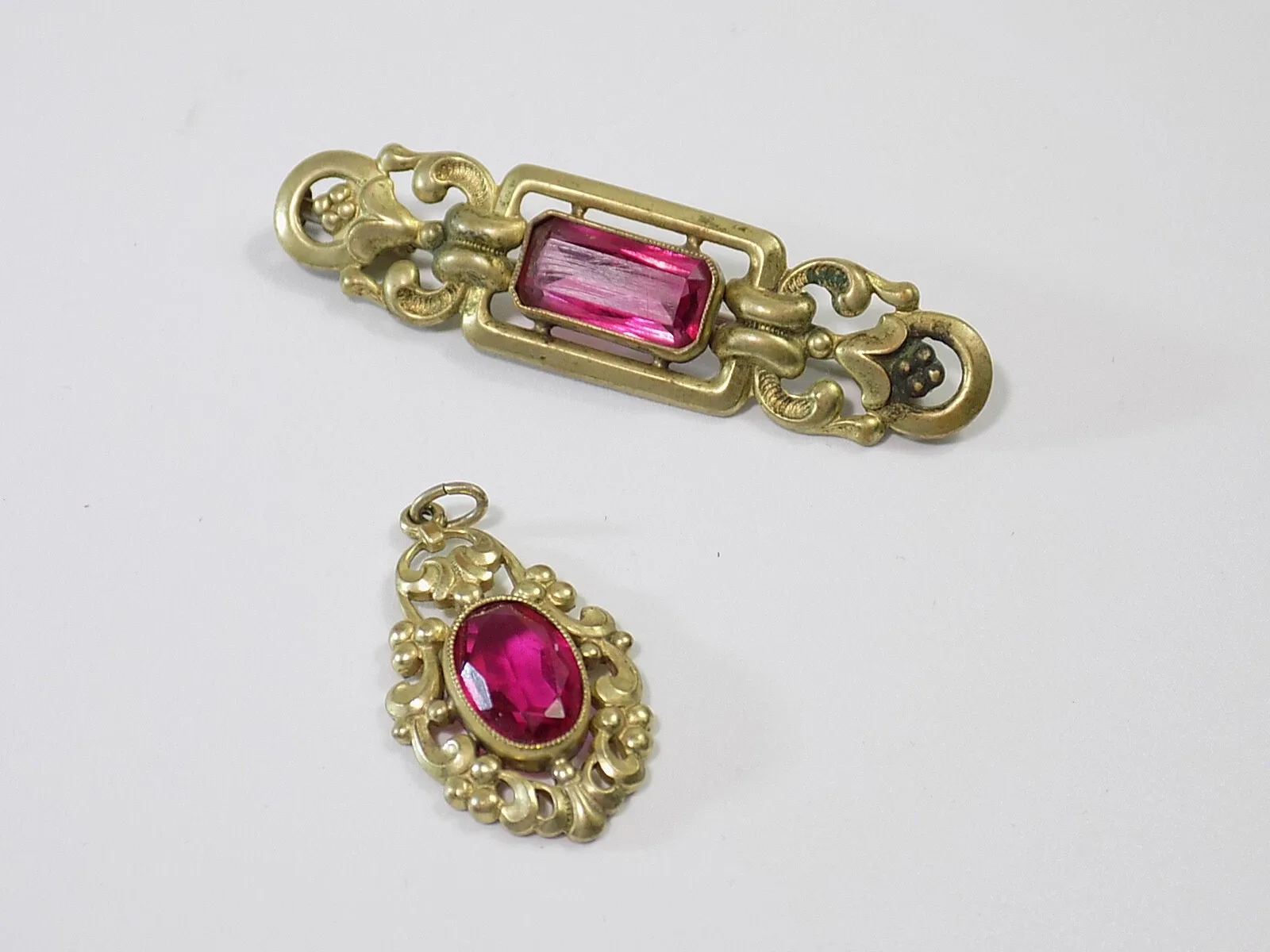Vintage Jugendstil Charm Damen Anhänger + Brosche Messing Vergoldet Floral