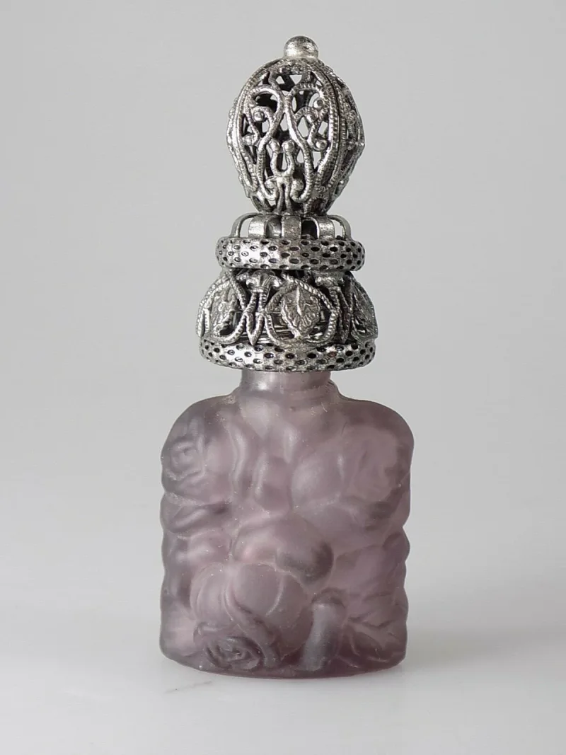 Vintage Kleines Flakon Glas Floral Parfümflakon Verzierter Metall Verschluss