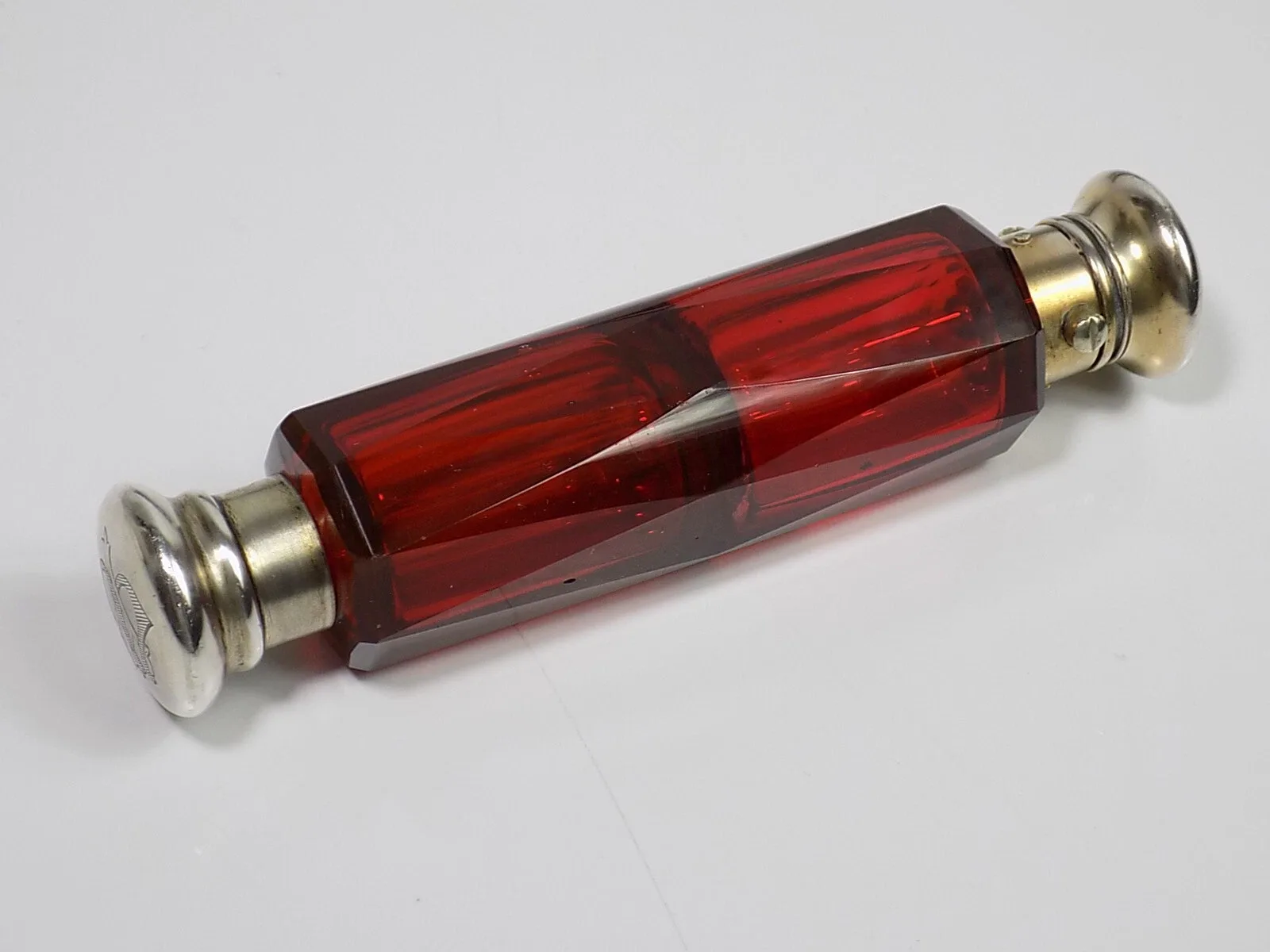 Jugendstil Parfümflakon Doppelflakon Kristallglas Schliff Rubin Silberrand