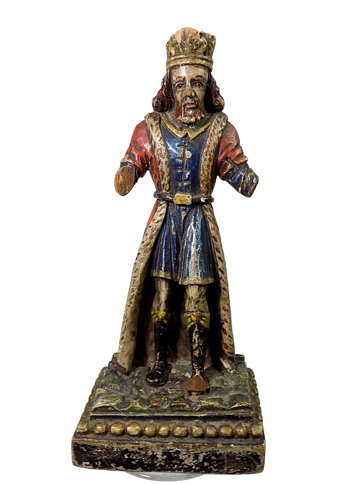 Barock Holzfigur König mit Krone Holz Geschnitzt Sakral Bemalt Skulptur