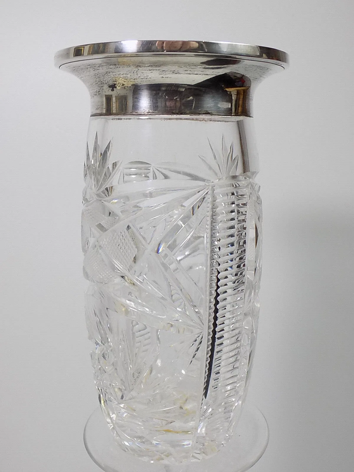 Vintage Jugendstil Kristall Vase Handgeschliffen 835 Silberrand floraler Schliff