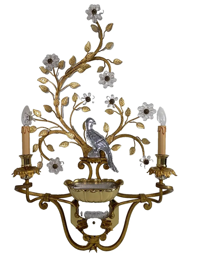 Wandapplik Vintage Maison Baguès Frankreich 1950er Vogel Kristall Schmiedeeisen