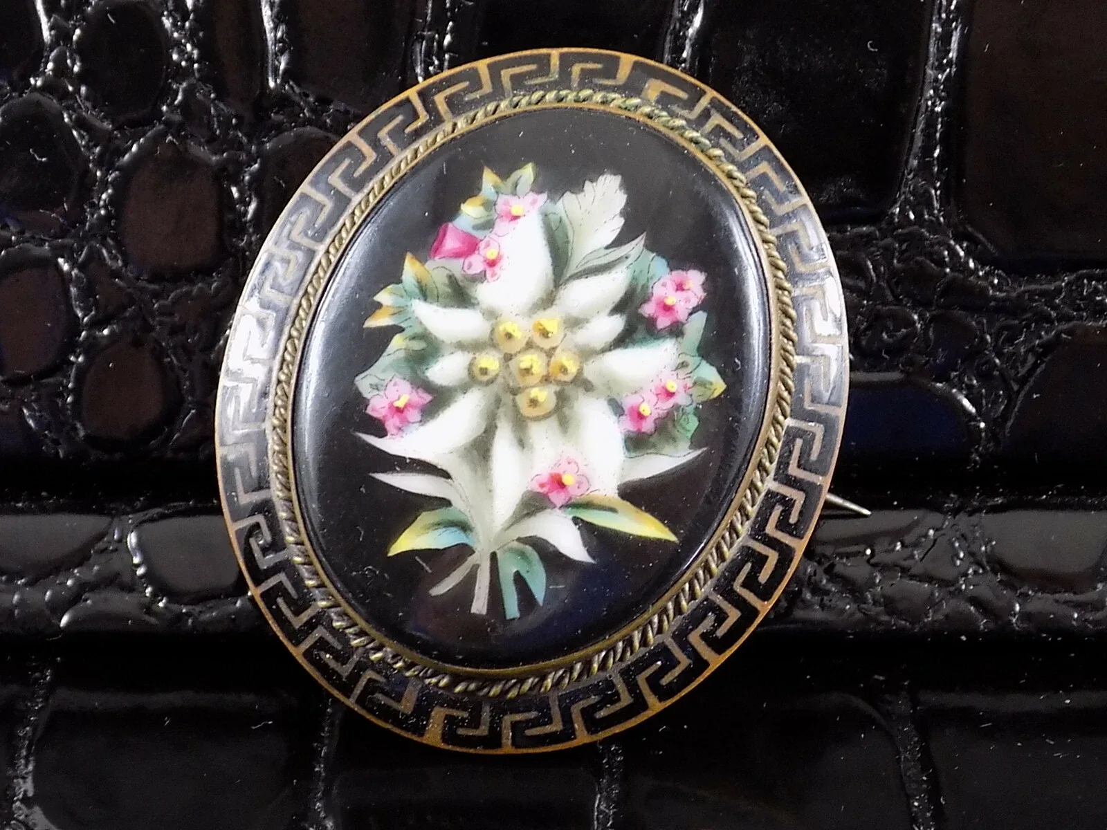 VINTAGE JUGENDSTIL GEMME BROSCHE BLUMENBOUQUET BILD PORZELLAN MALEREI 20.JHD