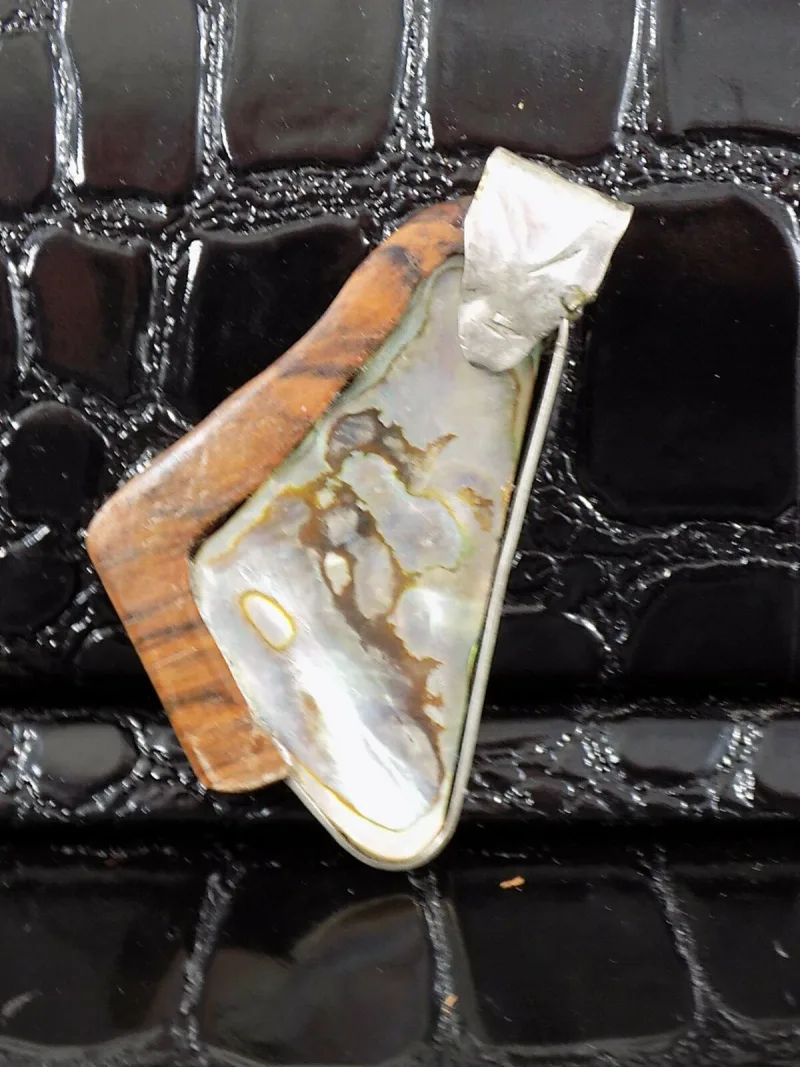 Vintage Designer Damen Holzschmuck Anhänger Edelstein Abalone Edelholz Silber