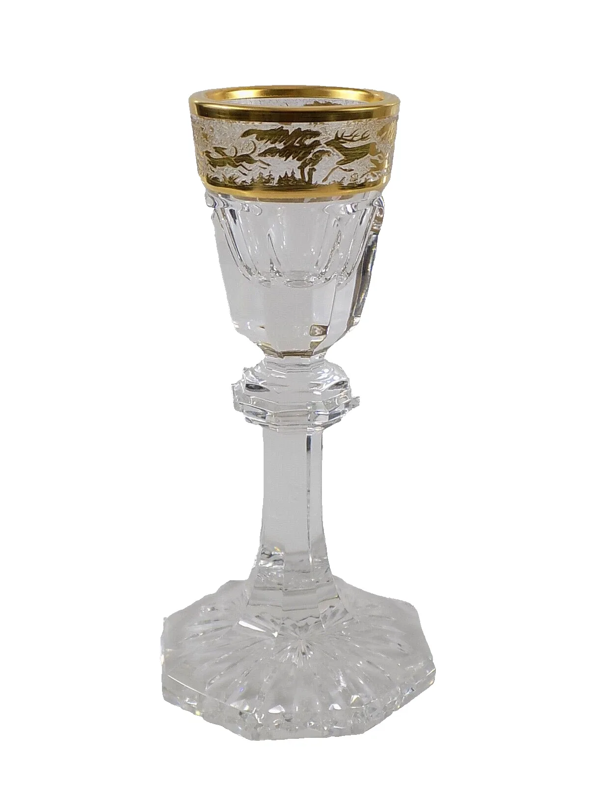 Exklusives Jugendstil Glas Jagdzene vergoldet Kristall Motivschliff Krone JH
