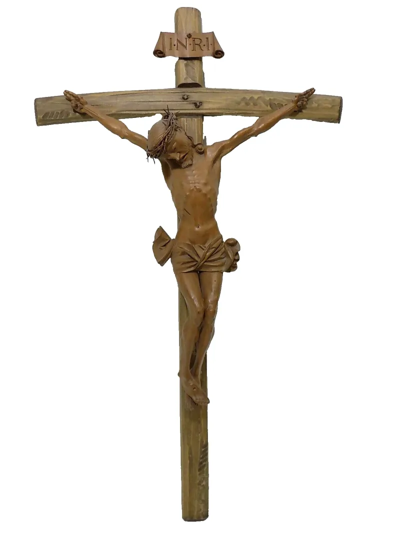 Großes Antikes Sakrales Kruzifix Jesus Inri Holzkreuz Holz Korbus Geschnitzt