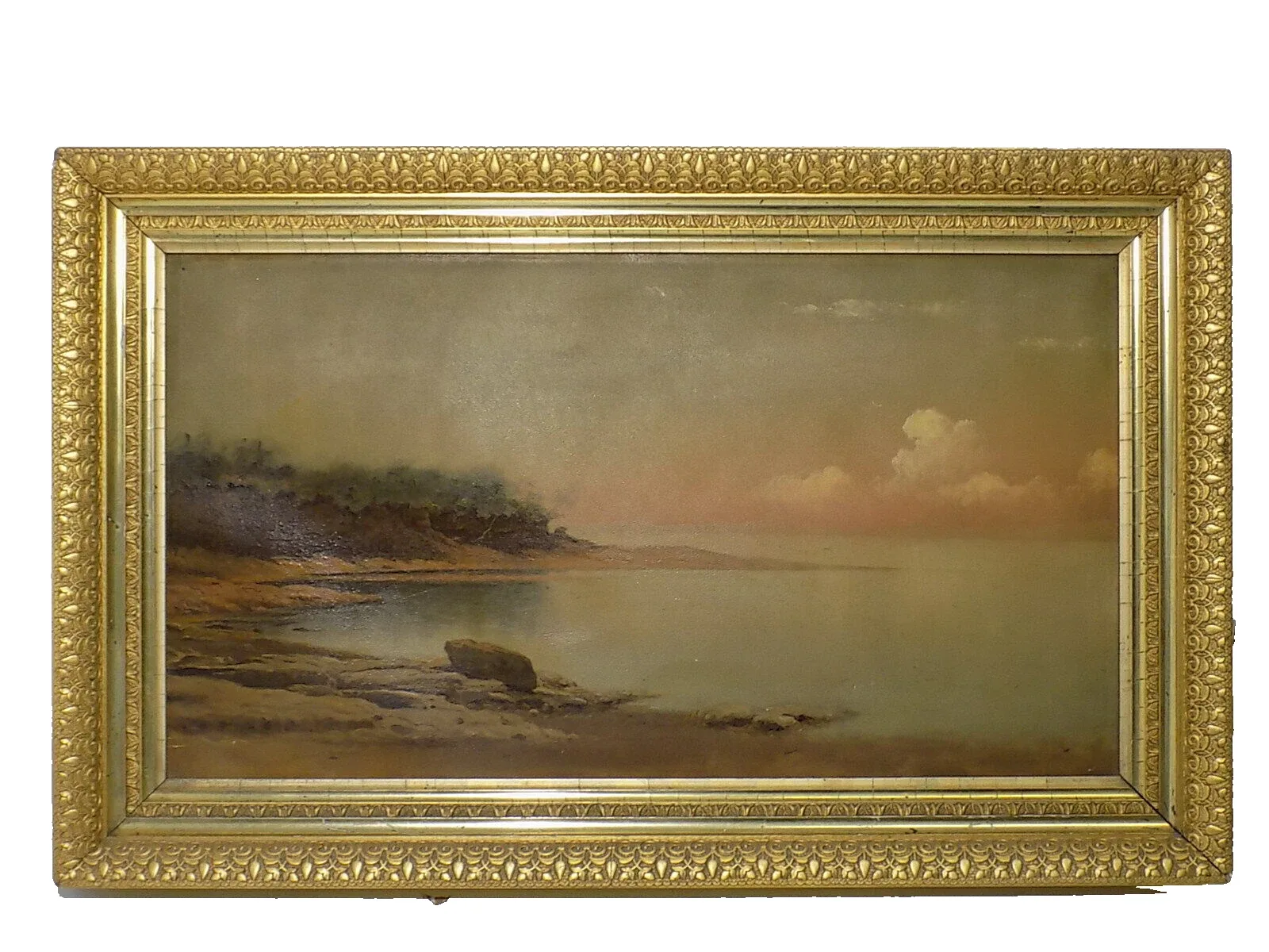 SCHÖNES FEINES ÖLGEMÄLDE SEE-MEERLANDSCHAFT ÖLBILD GOLDENER HOLZRAHMEN 20.JHD