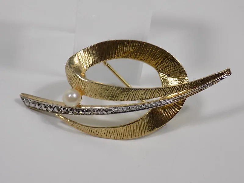 Vintage Brosche 925er Silber Vergoldet Perle Antikschmuck Designschmuck