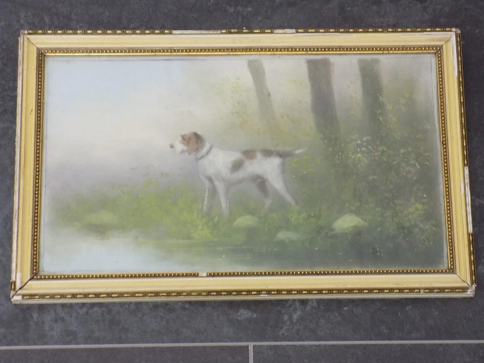 Antikes Ölgemälde Jagdhund Wald Flusszene Sign.H.Raes Ölbild Holzrahmen 20.JHD