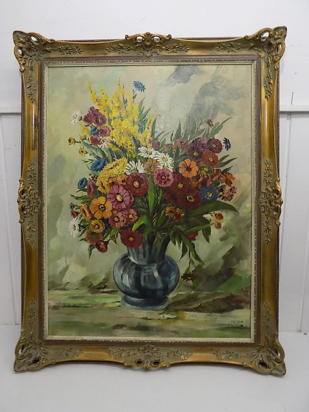 RARE GROßES ÖLGEMÄLDE STILLLEBEN BLUMEN ÖLBILD LEINE SIGN. HOLZRAHMEN 20.JHD