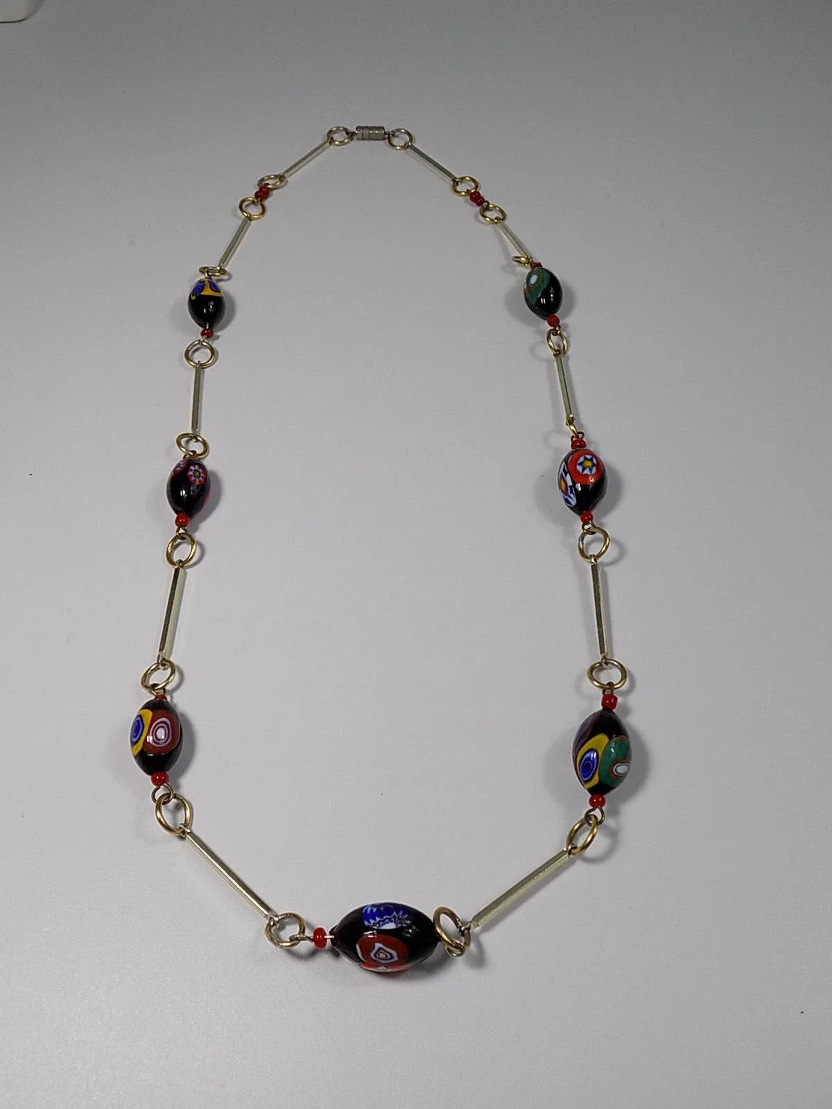 Vintage Lange Murano Kette Millefiori Oliven Halsschmuck Collier Designschmuck