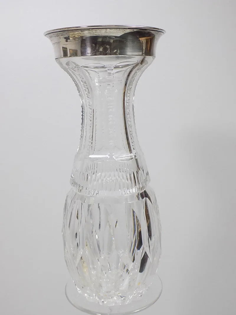 Jugendstil Kristall Vase Handgeschliffen 835 Silberrand Silber floraler Schliff