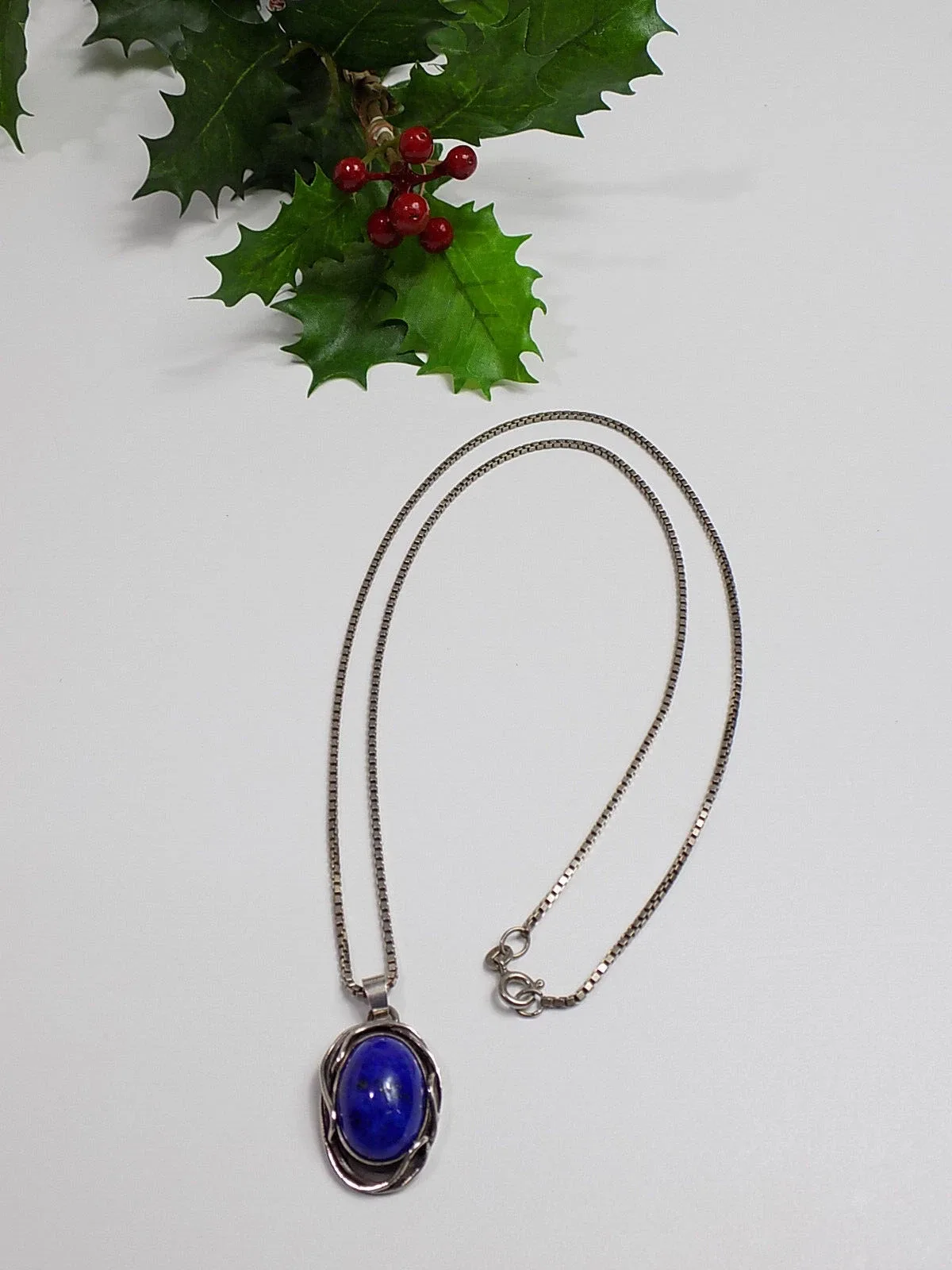 Antiker Anhänger mit Kette Lapislazuli 925er Silber Antikschmuck Unisex