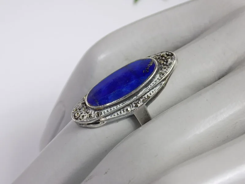 Antiker Damen Ring Lapislazuli Markasiten 925er Silber Antikschmuck Unisex