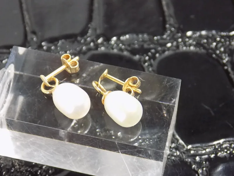 Elegante Damen Ohrringe mit Perlen weiß Tropfen 585er 14K Gelbgold Ohrstecker