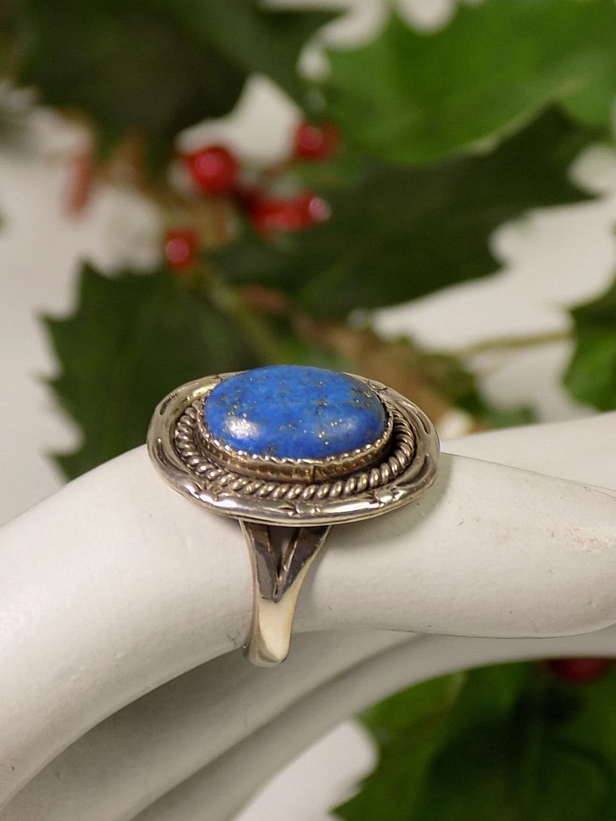 Antiker Damen Ring Lapislazuli 925er Silber Antikschmuck Unisex Floral