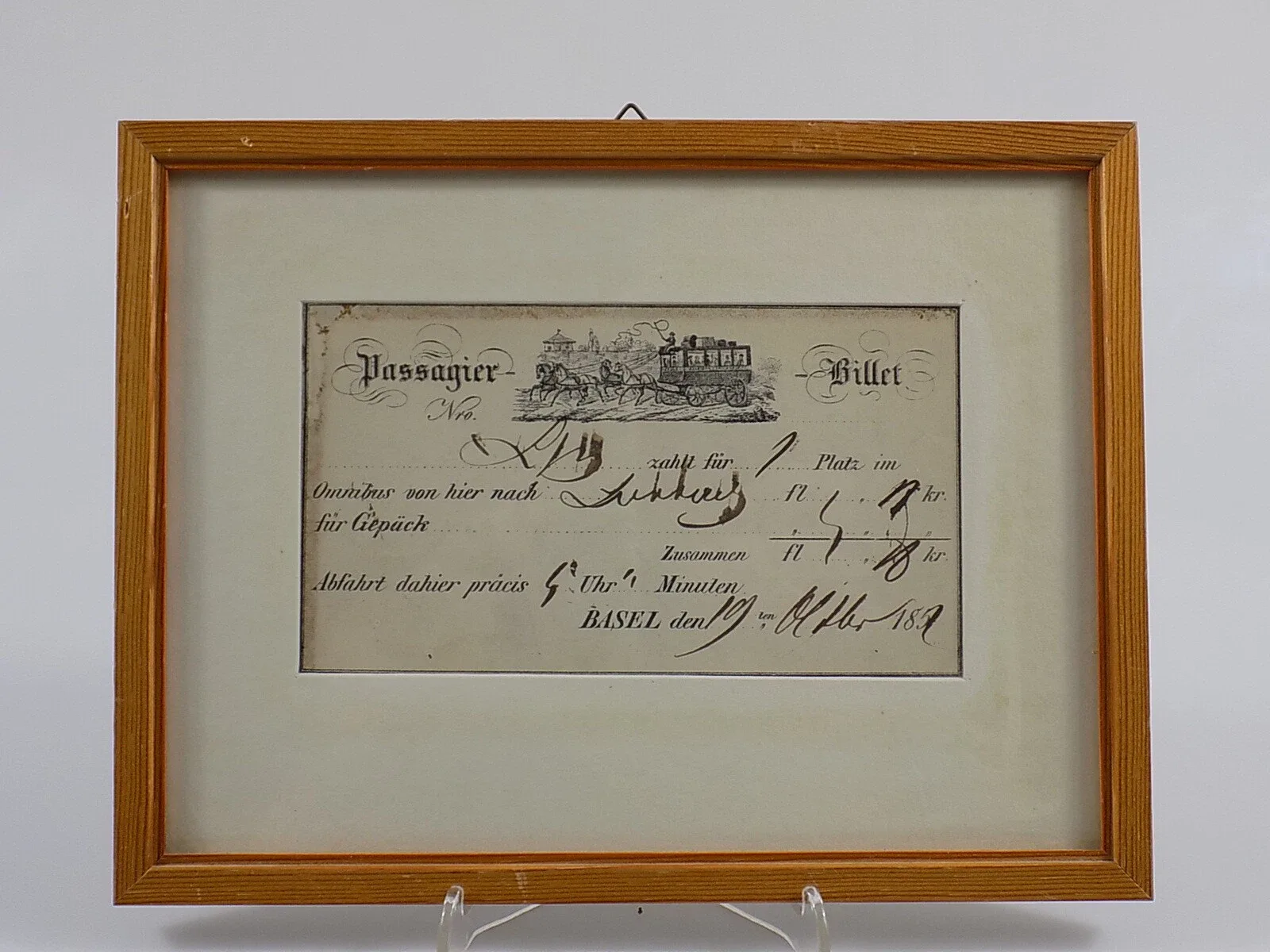 Uraltes Passagier Billet Basel 19.Oktober 1851 Personenpost im Holzrahmen 19.JHD