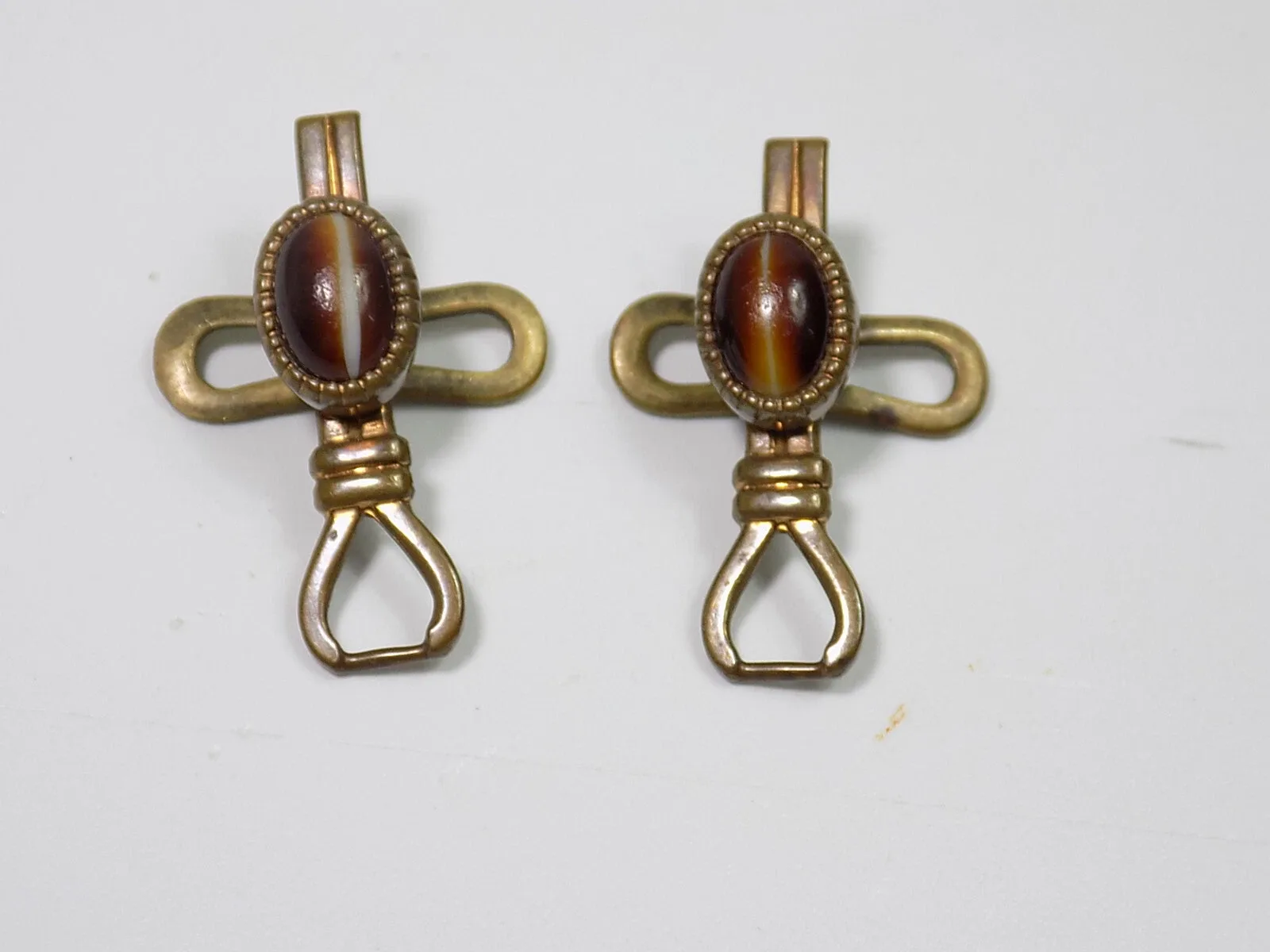 Vintage Jugenstil Ohrringe Tigerauge P&F Patent Ohrclips Messing 20.JHD