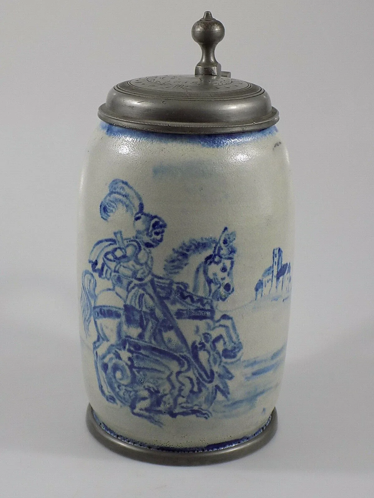 Alter Fayence Walzenkrug Bierkrug Datiert 1815 Rittermotiv Zinnmontur 19.JHD