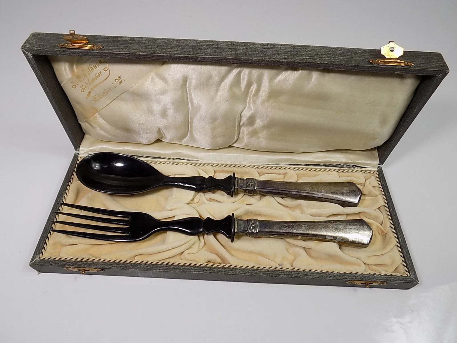Jugendstil Antik Vorlegebesteck Silber 800er Bakelit Löffel Gabel im Etui 20.JHD