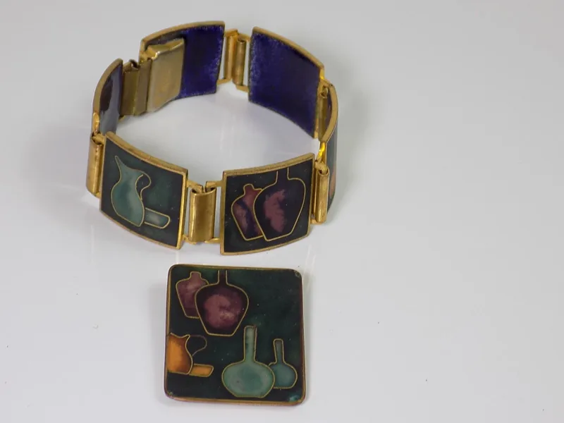 Rare Mid Century Modernist Wilhelm Leyser Armband u. Anhänger Stegemaille 1960er