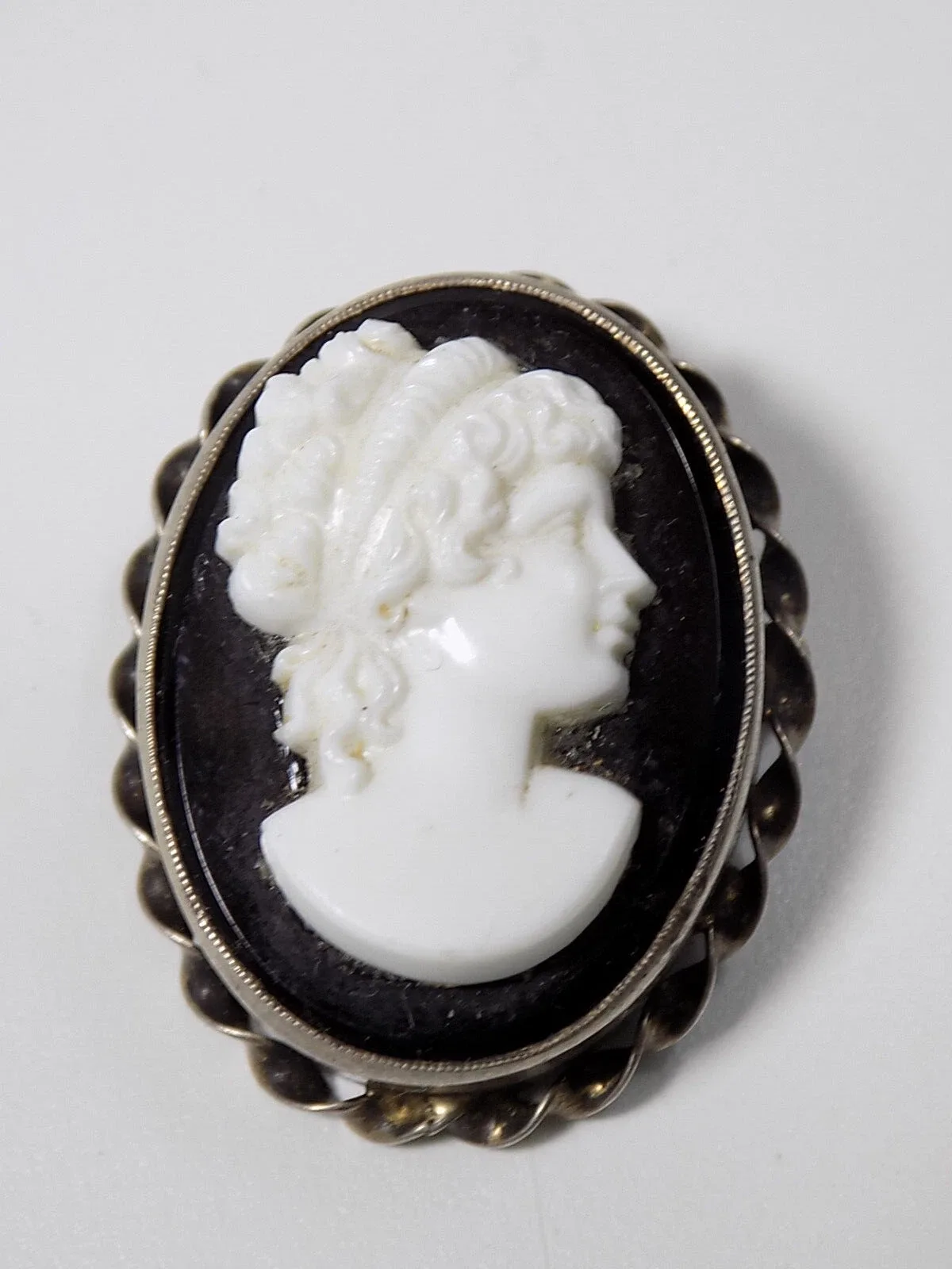Art Nouveau Brosche Gemme Cameo Muschelgemme Damen Portrait Versilbert Onyx