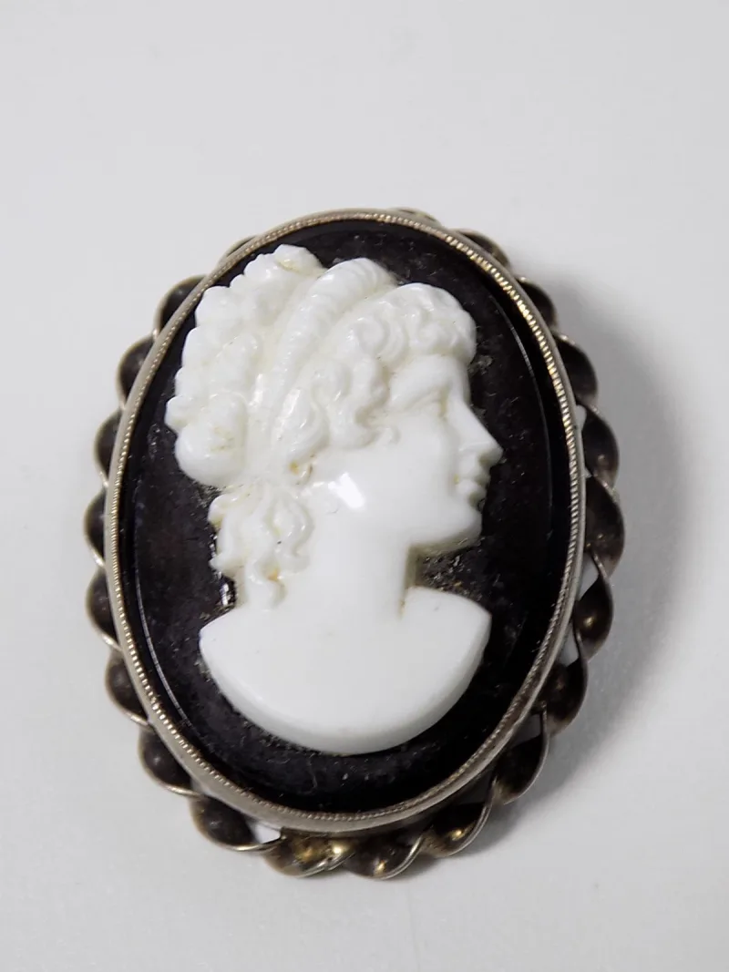 Art Nouveau Brosche Gemme Cameo Muschelgemme Damen Portrait Versilbert Onyx