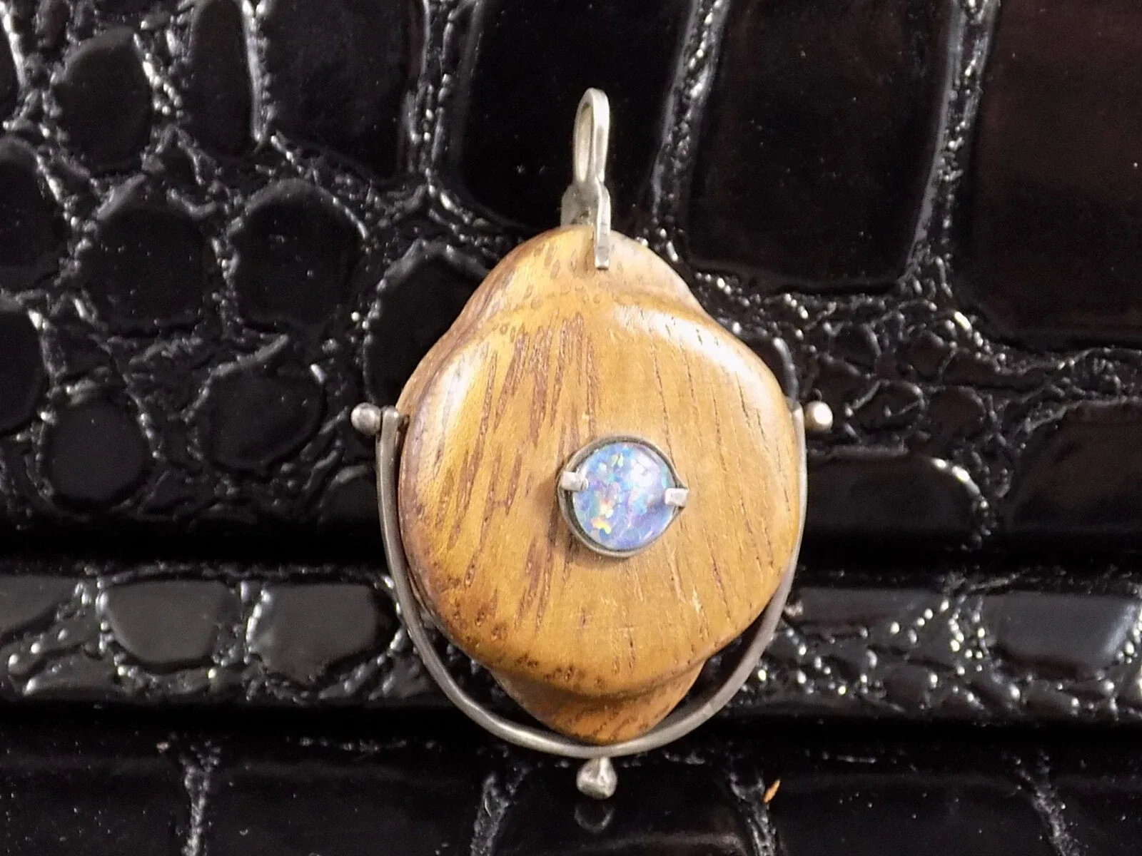 Vintage Designer Damen Holzschmuck Edelstein Opal Silber 935er Anhänger Schmuck