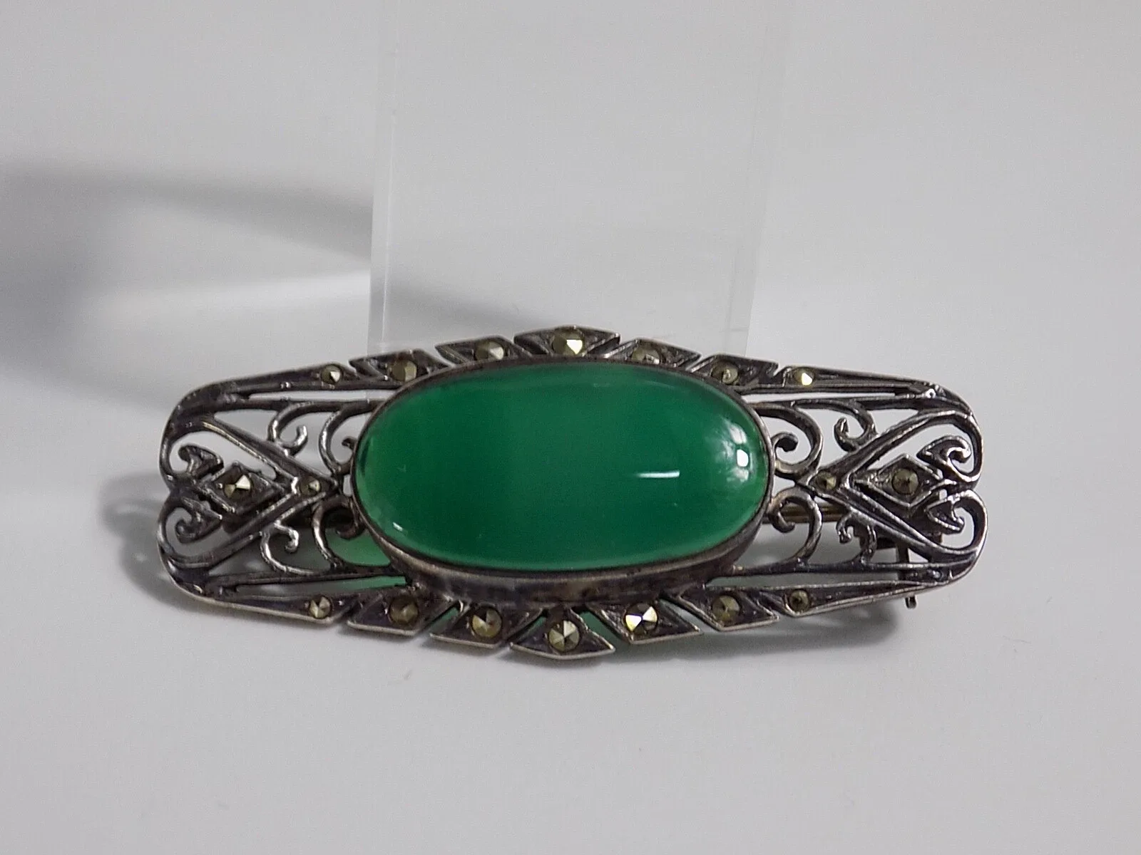 Vintage Jugendstil Brosche 925er Silber Grüner Achat Stein Floral Antikschmuck
